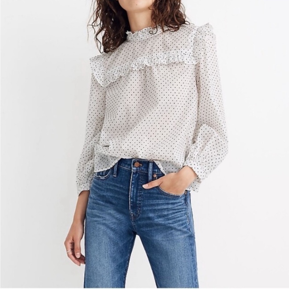 Madewell XL Mockneck Ruffle Top in Flocked Dot Shirt white long sleeve polka
